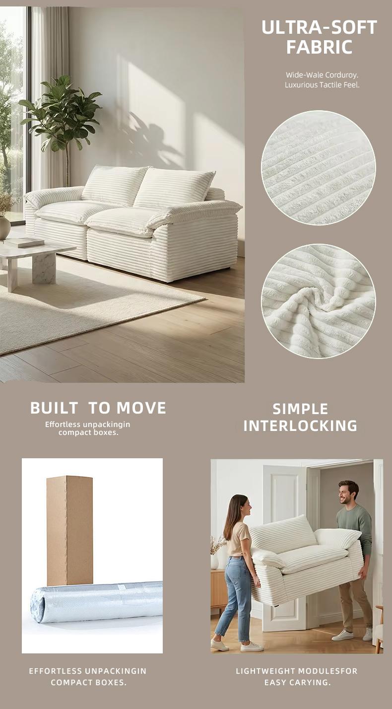 71-inch Cloud Sofa Corduroy Loveseat, Modern Adjustable Upholstered Couch with Deep Seat, No Assembly Required, Space Saving Tufted Design, Spring for Lasting Support, Soft Plush in a Box, Suitable for Living Room & Bedroom