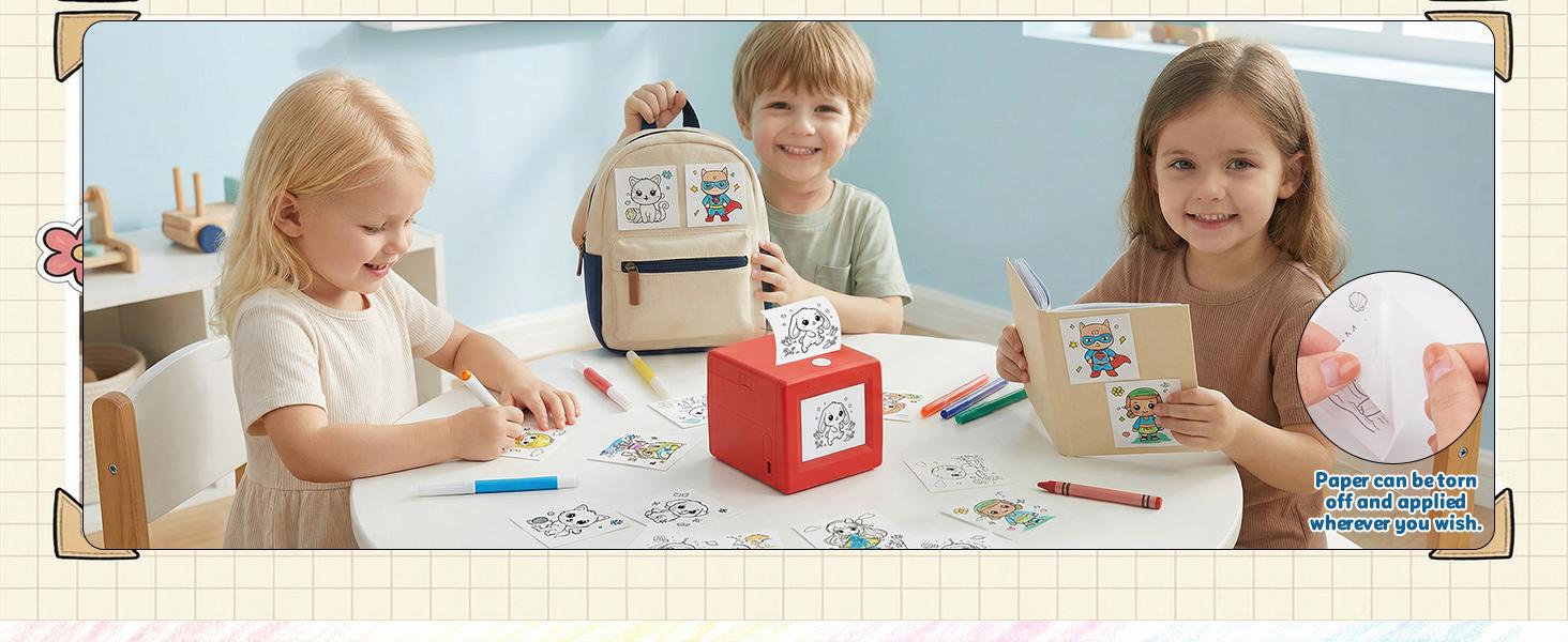 Children's AI Sticker Drawing Machine, featuring voice-to-image conversion, portable cartoon drawing maker, instant thermal paper output, creative toy set, includes 3 rolls of thermal paper and 2 rolls of stickers.