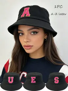 A-Z Pink Chenille Letter Bucket Hat – Casual Cotton Fisherman Cap for Women Men, Trendy Custom Letter Patch Adjustable Sun Hat for Daily Streetwear