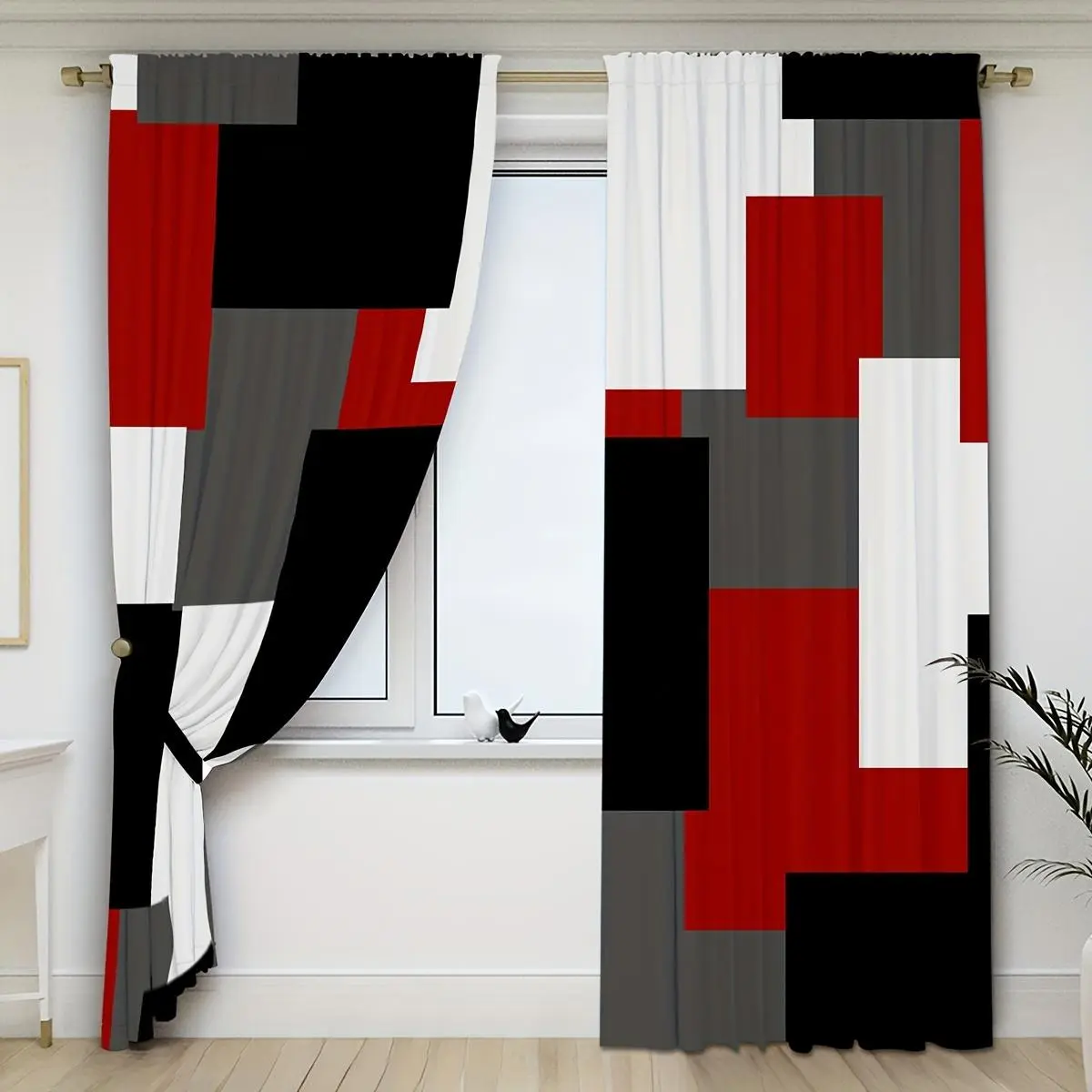 2pcs, modern minimalist red, white, and black checkered patchwork digital print curtains, rod pocket top, high-quality polyester fabric, high-definition printing technology, not easy to fade, washable, suitable for bedroom, living room, kitchen, office Go