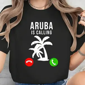 One-piece Summer Outfit Aruba Palm Tree Pattern Women's T-shirt, Casual Vacation Style, Printed Skin-friendly Soft Short Sleeve T-shirt, Machine Washable Black CLL T-shirts-8221