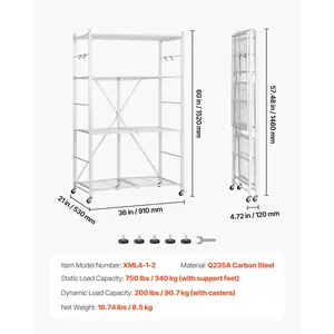 VEVOR 4-Tier Foldable Storage Shelf, 36Wx 21Dx 60 H Inch Folding Metal Rack Shelving Unit, No Assembly Organizer Shelf with 5 Wheels 4 Hooks for Pantry, Kitchen, Garage, Basement, White