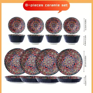[vibrant Dinnerware Set] 8pcs Ceramic Dinnerware Set, 4 Plates & 4 Bowls, Floral & Geometric Patterns, Dishwasher & Microwave Safe, for 4 People