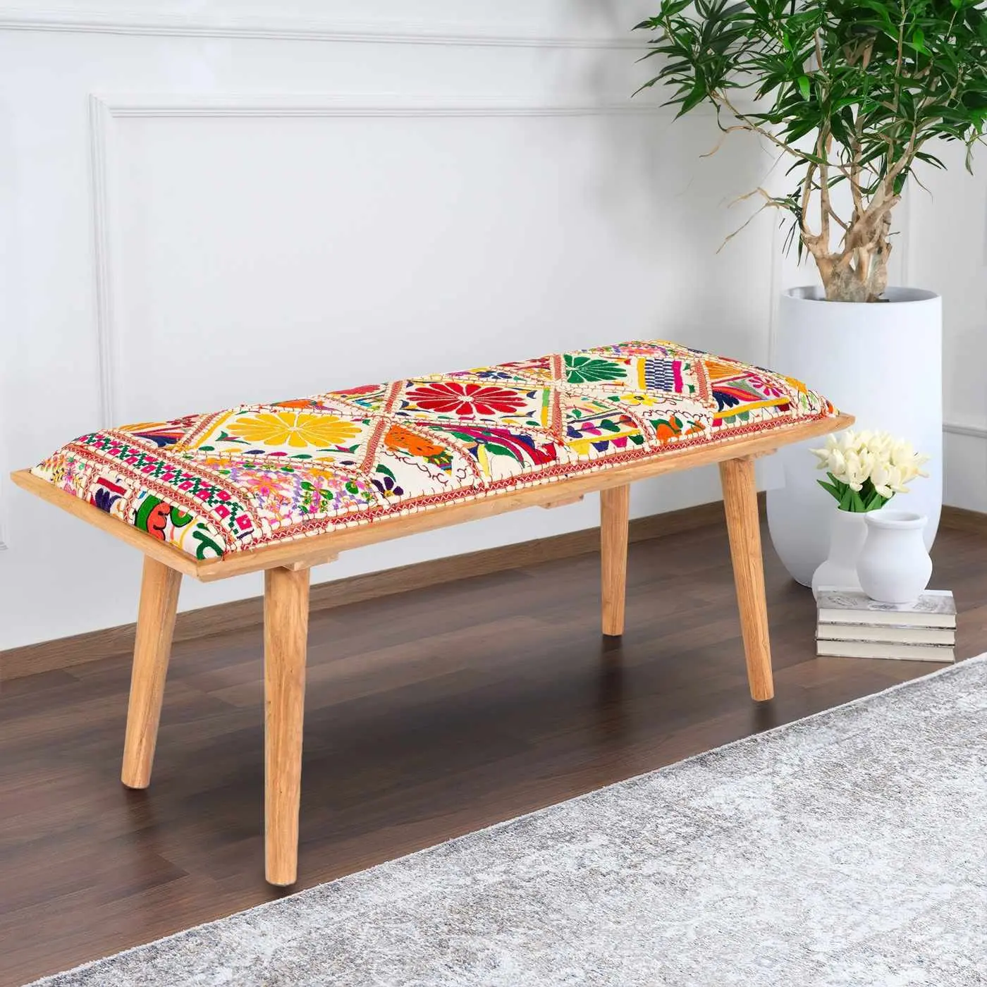 Yook Vibrant Patchwork Wooden Bench, Indoor Stool & Bench, Dining Room Furniture