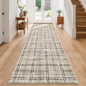 Washable Modern Tartan Plaid Non Slip Kitchen & Bedroom 2'x6' Beige Stain Resistant Throw Rug,3*5ft(91*152cm)