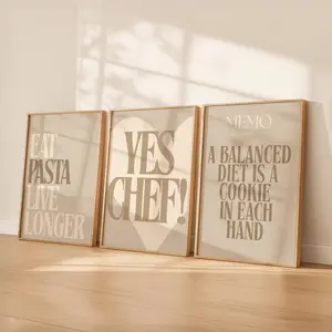 Neutral Kitchen Wall Art Set of 3 | Yes Chef Print, Eat Pasta Live Longer, Funny Kitchen Decor, Minimalist Beige Typography Posters