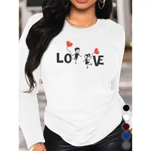 Women's Long Sleeve Top with Heart Print – All-Season Wear, Machine Washable, Regular Fit.Romantic Love Gift for Her, Perfect for Valentine's Day & Birthday.Versatile Basic T-Shirt for Casual Daily, Home & Outdoor Wear.