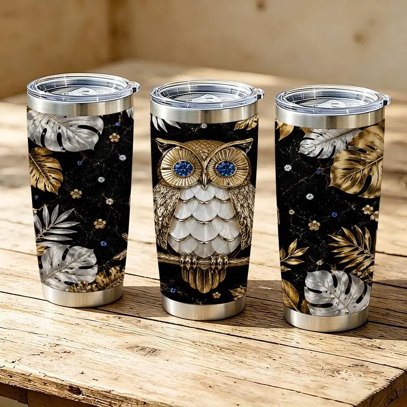 20oz Elegant Golden Owl & Floral Pattern Stainless Steel Coffee Vacuum Flask - Double Wall Vacuum Insulated Travel Mug with Lid, Casual Car/Desk Drinkware, Ideal Birthday/Holiday Gifts