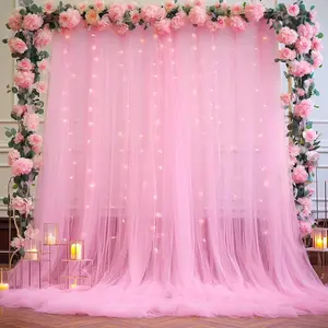 5×10ft Polyester Hanging Sheer Tulle Backdrop Curtain Set with Lights, Decorative Wall Hanging Backdrop for Weddings, Photo Shoots,summervibes