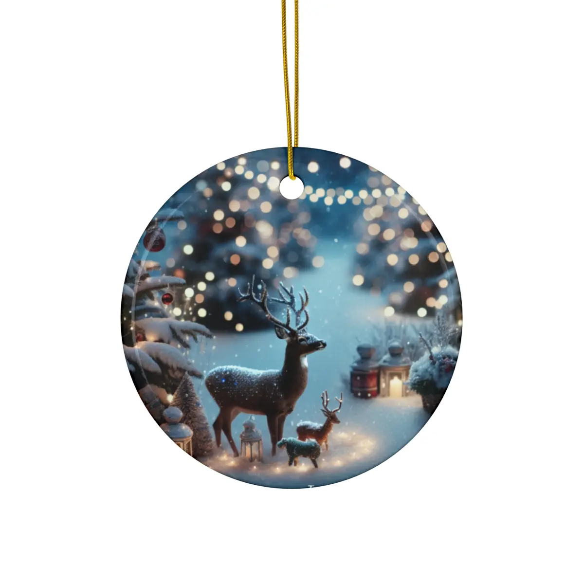 Deer Ornament, Christmas Tree Decor, Holiday Gift, Xmas Decoration, Ceramic Holiday Ornament, Reindeer Bauble Glossy Circle