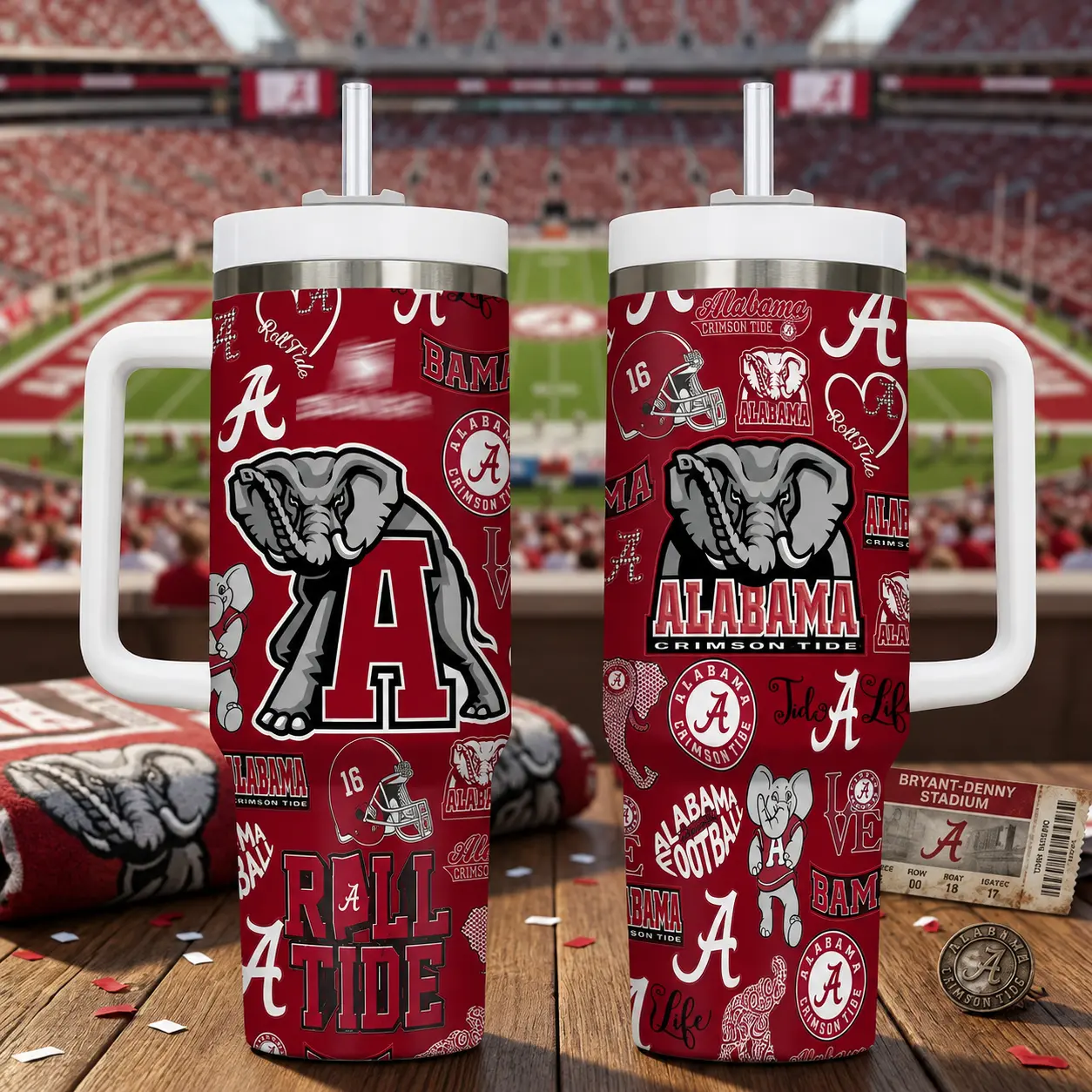 Alabama Crimson Tide 40oz Tumbler with Handle & Straw, Roll Tide College Football Insulated Cup, Big Al Mascot Travel Mug, Crimson Fan Gift, Stadium Game Day Drinkware for Bama Fans