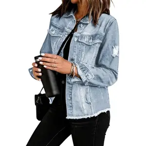Women's Jean Jackets Non Stretch Boyfriend Washed Distressed Ripped Lapel Long Sleeve Denim Jacket Tops 2025 Spring Fall Womenswear Outfits Casual Coats