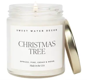 Sweet Water Decor Christmas Tree Candle | Pine Needles, Cedarwood, Cypress, and Evergreen Soy Holiday Scented Candles for Home | 9oz Clear Jar Candle, 40+ Hour Burn Time, Made in the USA