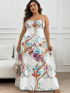 Women's Plus Size Floral Print Sleeveless Dress Square Neck Loose Fit Mid-Length Vibrant Pink Blue Pattern Breathable Machine Washable Casual Spring Summer for Brunch Shopping Picnics