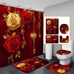 1/3/4PCS Luxurious Gold Rose Shower Curtain Set, 71x71 Inches, Includes Background Pattern, Comes with 12 Hooks, 1/3/4pcs Options, Bathroom Supplies