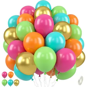 Tropical Balloons Set, 50 Pcs Hawaiian Party Balloons, 12 Inch Hot Pink Orange Teal Green Metallic Gold Latex Balloons Colorful Helium for Shower Summer Party Pool Beach Party Decorations