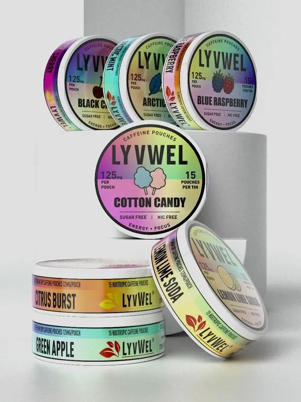 LyvWel Upper Energy Deckys 3 or 5 or 7 Cans 125mg Caffeine Pouches Zero Sugar Extreme Energy Boost 1875mg per Jar Variety Pack - 7 Flavors Including Blue Raspberry, Cotton Candy, and Lemon Lime Soda Beverage Natural Flavor Natural