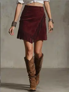 Women's Summer Western Style High Waist Short Skirt, Fashionable Chic Fringe Design, Fitted Boho Style, Plain Pattern, 1 Piece