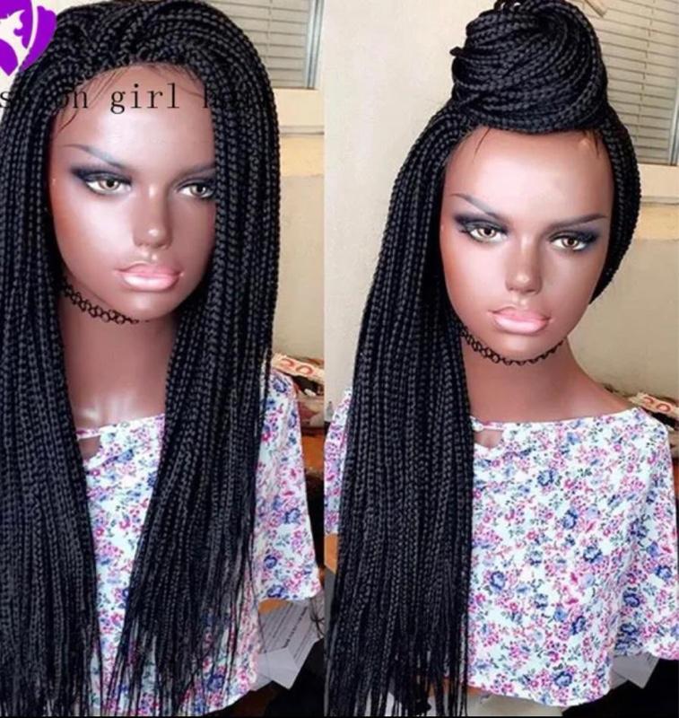 Black Box Braided Synthetic Hair Lace Front Wigs - Black, 13*4, 200% 32”Satin, Versatile for Casual and Formal Occasions