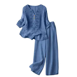 2026 Summer Ice Silk Outfit| Floral Embroidery 2 Piece Set Women| Cool & Breathable Wide Leg Pants