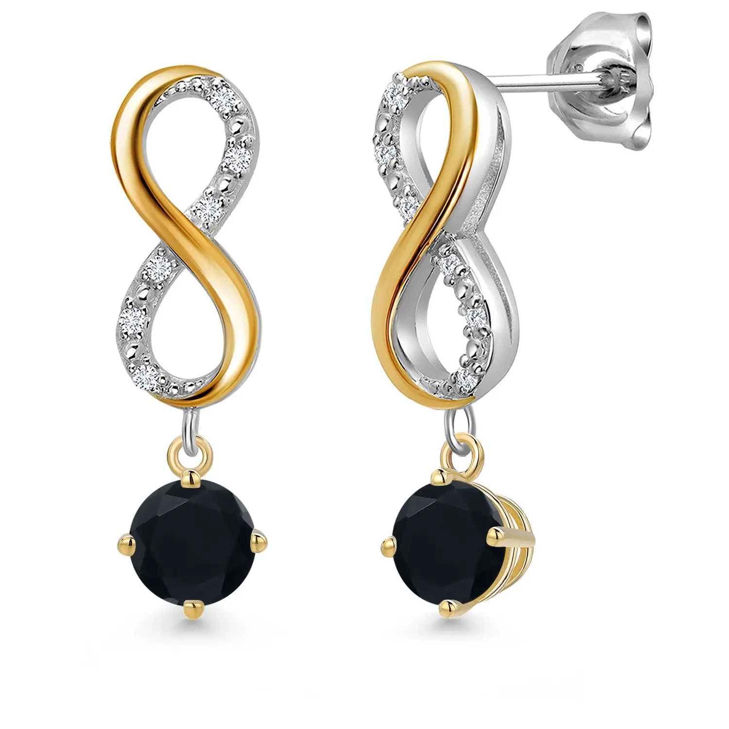 925 Silver and 10K Yellow Gold Black Onyx and Lab Grown Diamond Dangle Earrings for Women | 1.01 Cttw | Gemstone December Birthstone | Round 5MM