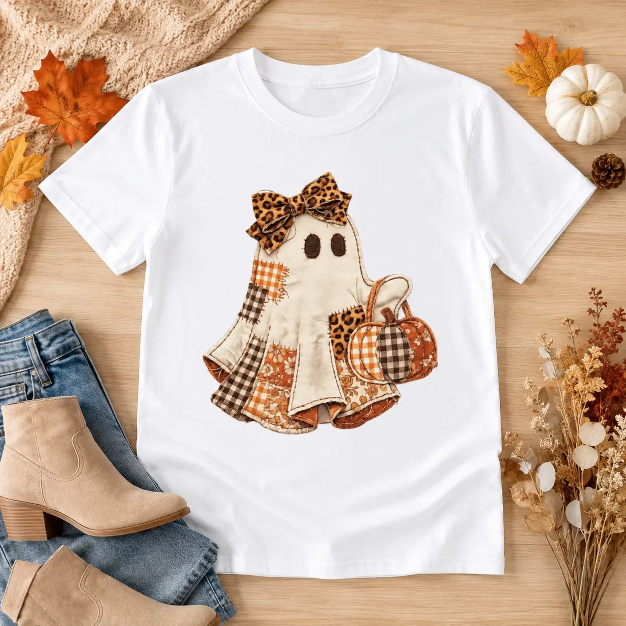 Men's Regular-Fit Short-Sleeve Round Neck Textured Knit Graphic Shirt, Faux Patchwork Ghost Print, Coquette Halloween Pumpkin Ghost Tee, Spooky Fall Fitted-Cut Casual Top