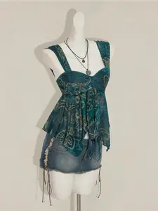 Summer Fashion Beach Vacation Floral Mesh Halter Top, Asymmetric Hem Sheer Sleeveless Shirt, Women's Loose-Fit Holiday Tank Top