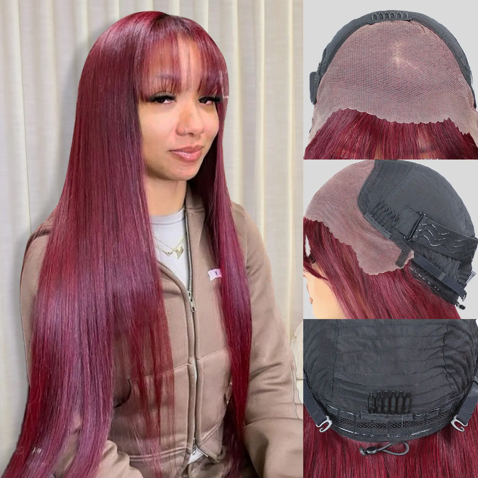 SPOU 13x4 Straight Cut 99j Burgundy 100% Human Hair Glueless Lace Front Wig with Bangs - Natural Hairline, Natural Scalp, Scalp-Friendly, Easy Installation for Beginners, Unisex, Casual Daily, Glueless Wigs