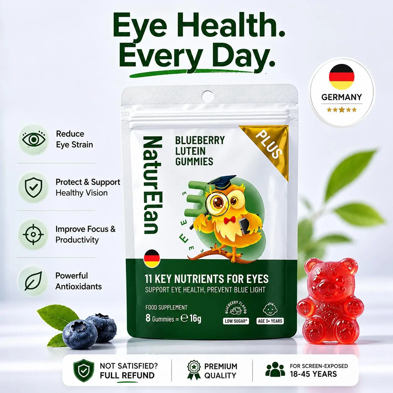 NaturElan Eye Support Gummies | Blueberry & Lutein Formula | Blue Light Support & Eye Comfort | 8-Gummy Trial Pack