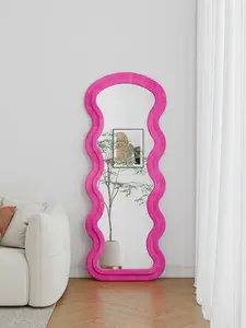 Irregular Wavy Full Length Mirror, 63" x 24", Standing Wavy Mirror with Flannel Wrapped Wooden Frame for Bedroom & Living Room Decor Gift Wedding