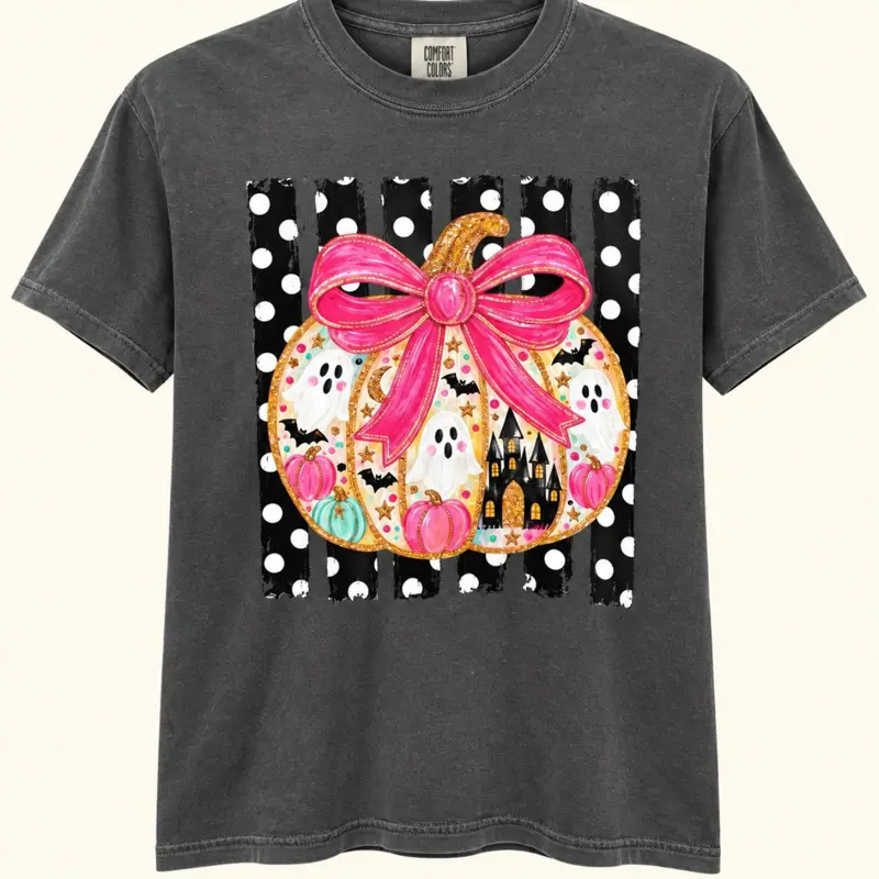 Pink and black polka dot Pumpkin on Pepper Comfort Color, fall, fall fashion
