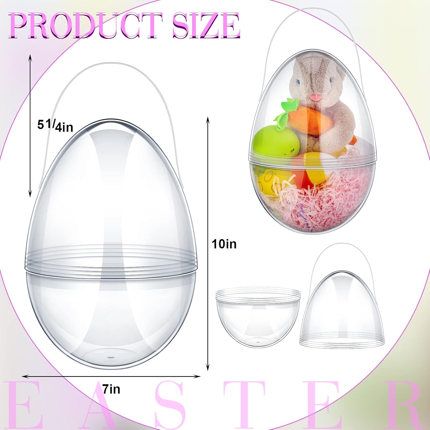 4/8 Pcs Jumbo Easter Eggs 10 Inch Plastic Giant Easter Eggs with Handle Clear Large Baskets for Egg Hunt,Easter Gift buckets for Student Adult Office Employee Coworker,Outdoor Church School Classroom Decorations,Spring Birthday Party Supplies