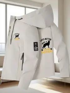 Men's Streetwear German Pherd Print Hooded Jacket, Spring & Fall New Premium Zipper Pocket Coat, Casual Fashion Outdoor Sports Jacket