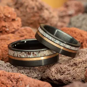 Antler Black Brushed Rose Gold Strip Couple Tungsten Wedding Bands Comfort Fit 6mm | 8mm