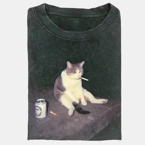 Comfort Colors Funny Cat Vintage Washed Crew Neck Tee Heavyweight Regular Fit Casual  Breathable Short Sleeve Funny T-shirts for Summer Fashion Men&Women's Top for Daily