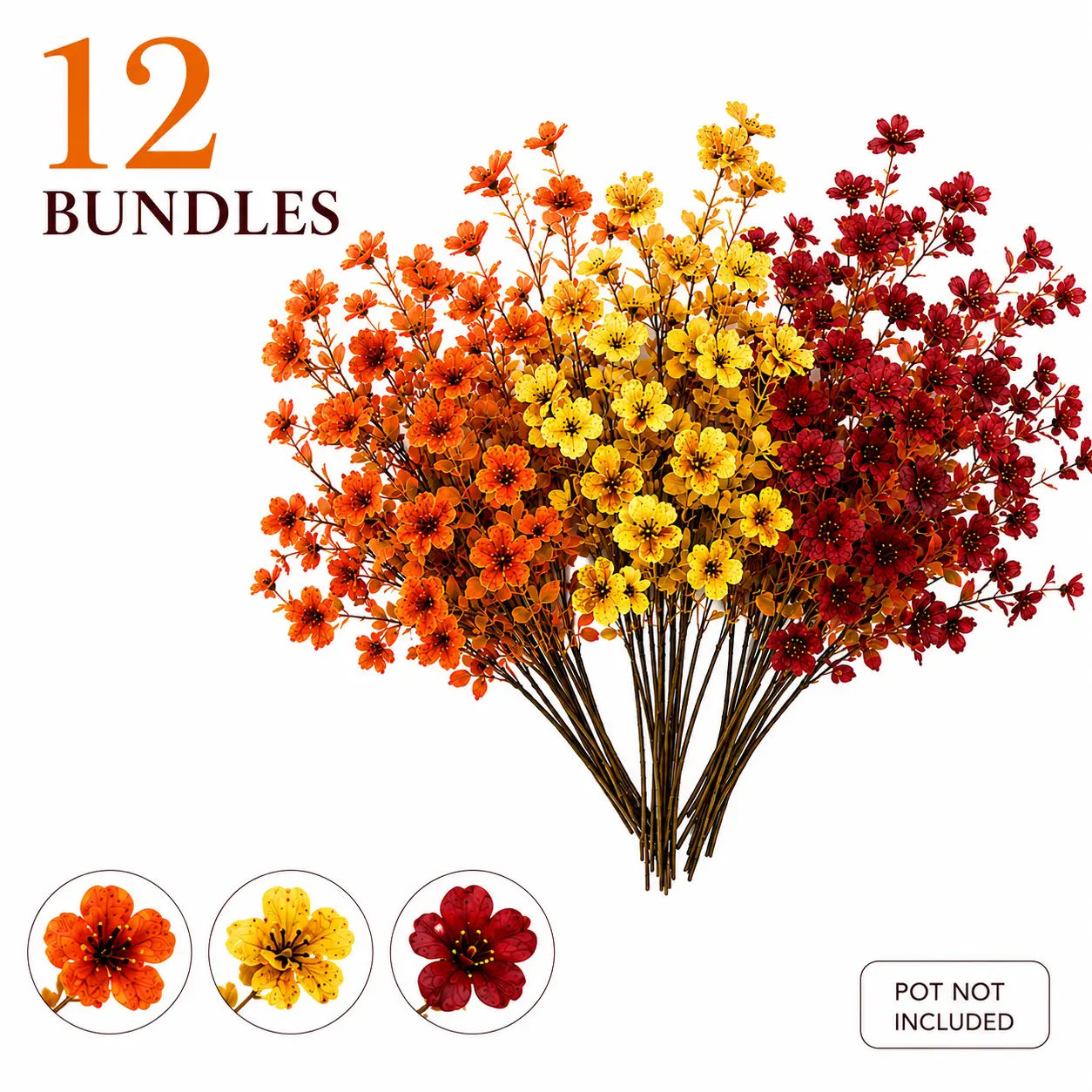 12-Bundle Decorative Artificial Fall Flowers, Warm Orange-Yellow-Burgundy Faux Stems, UV-Resistant Flexible Fake Floral Stems for Porch, Table, Outdoor Décor & Autumn Thanksgiving Decor