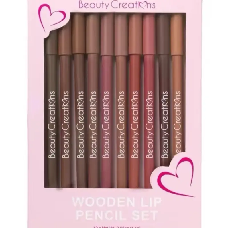 Beauty Creatives Wooden Lip Pencil Set - 12 Pencil Packs in Various Colors with Heart Design Makeup Lipliner Cosmetic
