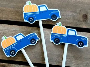 Blue Truck With Pumpkin Cupcake Toppers, Truck Cake Toppers, Fall Cupcake Toppers, Halloween Cupcake Toppers, Pumpkin Cupcake Toppers