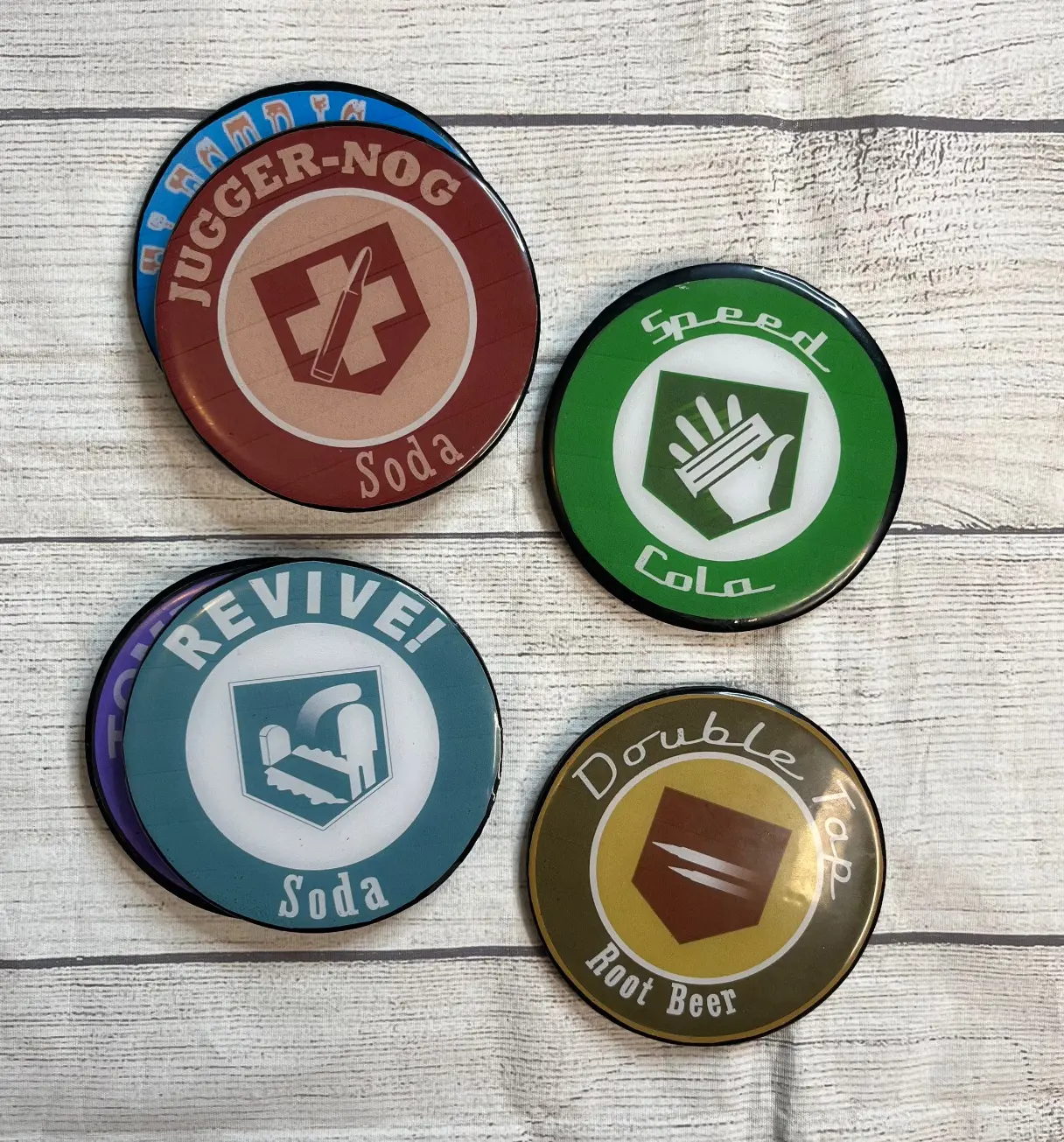 COD Zombies Perks Epoxy Resin Wood Coasters - 4 Inch Classic Gaming Tableware with Rubber Pads & Acrylic Paint Finish