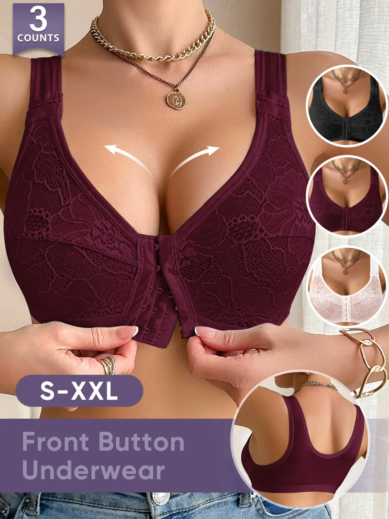Morelect 3-Pack Front Buckle Lace Push-Up Everyday Bras, S-Xxl, Easy-On Comfortable Backless Bra, Breathable Non-Squeezing, Ditsy Floral Pattern