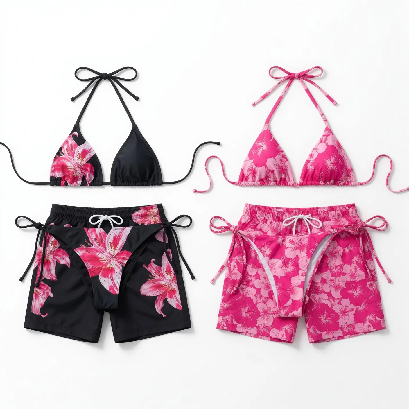 Pink Hibiscus Floral Matching Couple Swimwear Set, String Bikini and Hawaiian Shorts, His and Hers Tropical Beach Vacation Outfit, Summer Gift