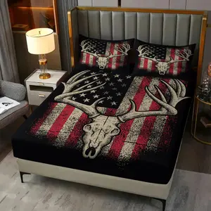 Hardcore Hunting Style American Retro Flag Deer Bone Print Bed Sheet Set, Includes 2 Pillowcases, Durable Non-Slip Mattress Protector, Outdoor Lovers Birthday Gift, Hunter Bedroom Decor, Printed Bedding Set