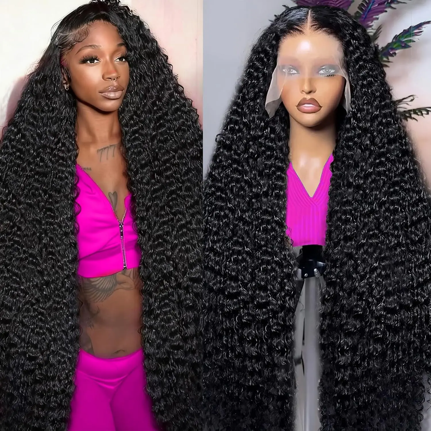 Women's 28in Deep Wave Curly HD Lace Front Human Hair Wig - 200% Density Brazilian Hair, 13x4 Transparent Lace, Pre-Plucked Glueless, 22.5 inch Medium Breathable Anti-Snagging Cap, Durable, Reusable, Ideal for Wedding, Birthday Party