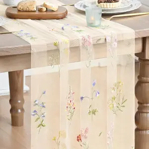 Wildflower Floral Beige Apricot Gauze Embroidery Table Runner 120 Inch 10FT, Tulle Seasonal Spring Kitchen Dining Table Decor for Home Party
