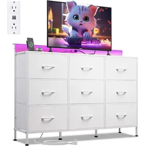 White TV Stand for 45, 50, 55 inch TV, Entertainment Center with LED Lights &  Station, TV Media Console Table with 9 Fabric Drawers and Open Shelves for Living Room, Hallway,  Top