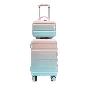 [NEW]14"/20" 2 pcs/set in PC Spinner Wheel Luggage, Carry on Suitcase, With Gradient Color and Combination Lock  (Blue+Pink)