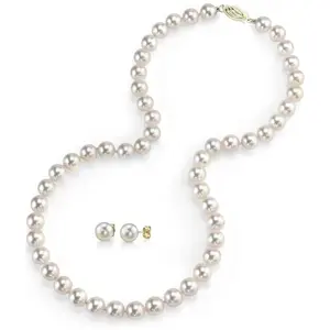 The Pearl Source Real Pearl Necklace & Earrings for Women with 8.0-8.5mmmm AAAA Quality Round White Freshwater Genuine Cultured Pearl Strand Set with 14K Gold Clasp & Matching Stud Earrings