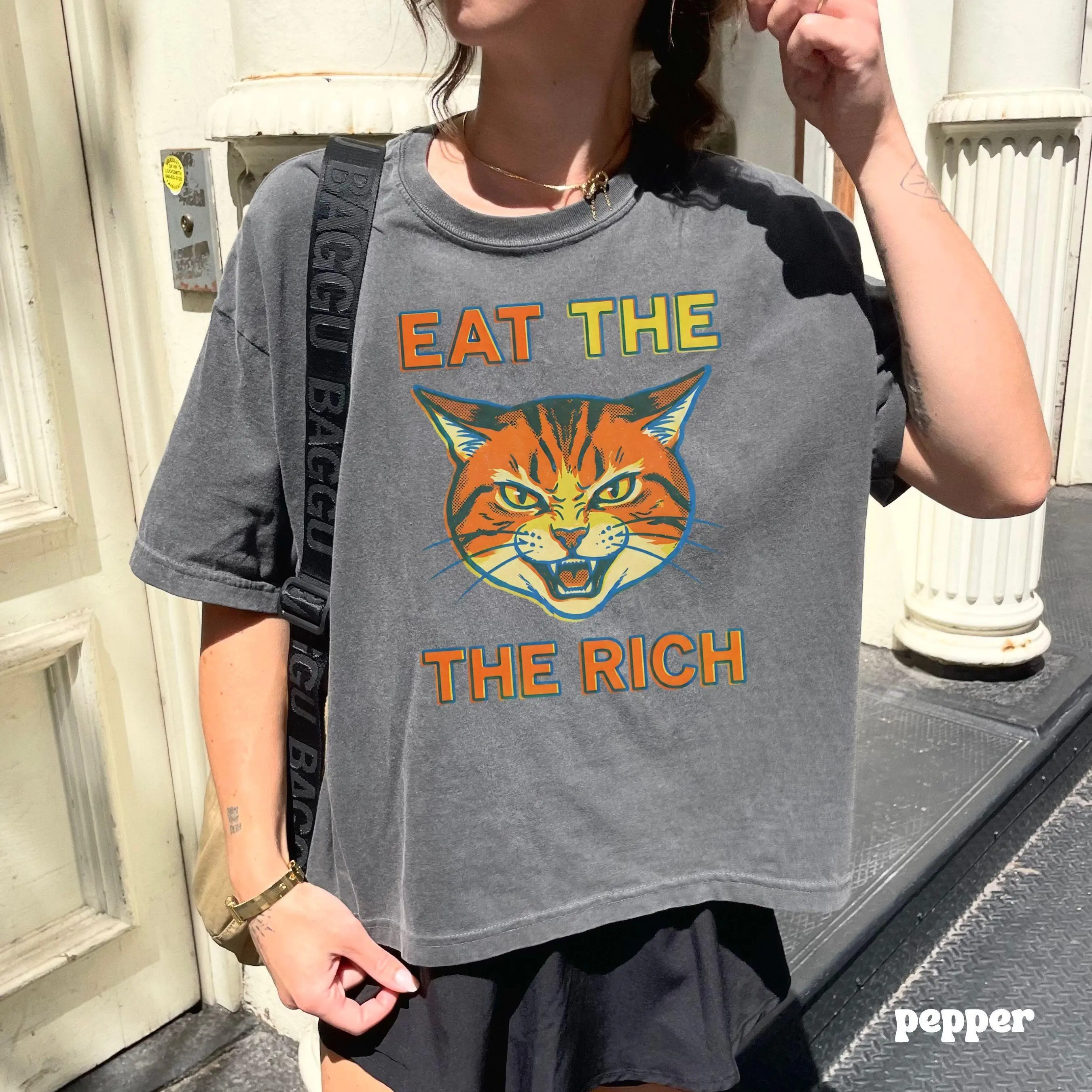 Eat The Rich Boxy Shirt With Cat Anti Capitalist Shirt Radical Feminist Tee Bold Political Graphic Top