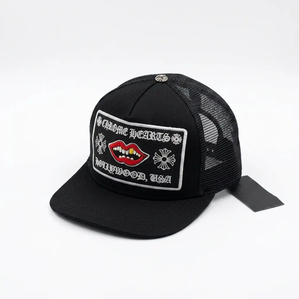 Vintage Black Mesh Snapback Hat Embroidered Graphic Trucker Cap