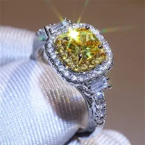 925 Sterling Silver Full Diamond Ring 18K Gold Shiny Citrine Ring Square Cut Cubic Zirconia Promise Rings CZ Yellow Gem Cocktail Rings Eternity Engagement Wedding Band Ring for Women Z.46 (US Code 7)